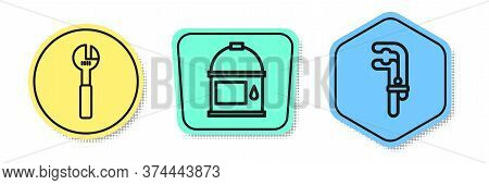 Set Line Adjustable Wrench, Paint Bucket And Clamp Tool. Colored Shapes. Vector