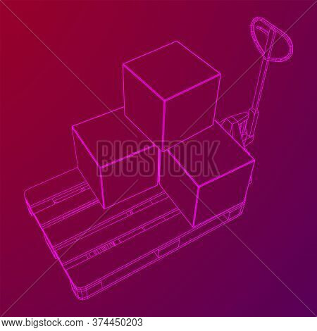 Hand Pallet Jack Lift With Pallet And Stacked Goods Cardboard Boxes. Manual Forklift. Logistics Ship