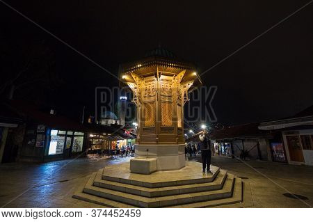 Sarajevo, Bosnia Herzegovina - April 16, 2017: Sebilj Fountain, On Bascarsija District,  At Night. T