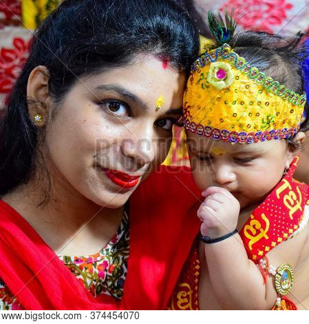 Delhi, India - September 9, 2019 : Cute Indian Kids Dressed Up As Little Lord Krishna Radha On The O
