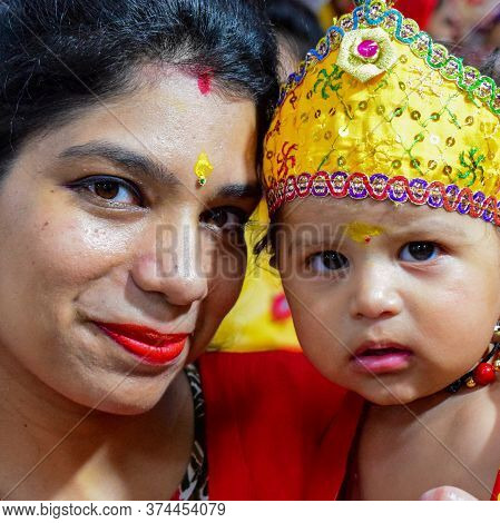 Delhi, India - September 9, 2019 : Cute Indian Kids Dressed Up As Little Lord Krishna Radha On The O