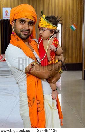 Delhi, India - September 9, 2019 : Cute Indian Kids Dressed Up As Little Lord Krishna Radha On The O
