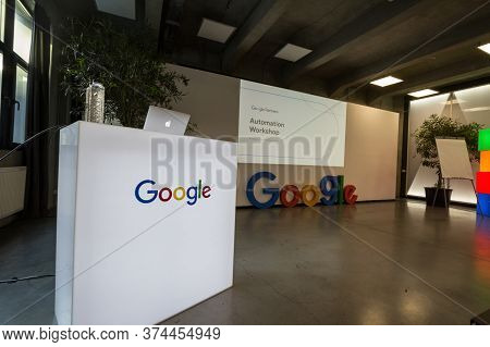Bucharest, Romania - February 12, 2020: Google Partners Logo In Front Of A Stand Promoting Google Ad