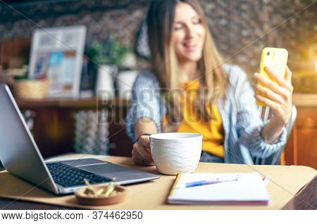 Distance Learning Online Education And Work. Business Woman Having A Facetime Video Call. Happy And 