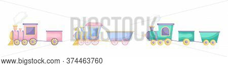 Collection Of Cute Cartoon Baby's Trains Isolated On White Background. Set Of Different Models Of Tr