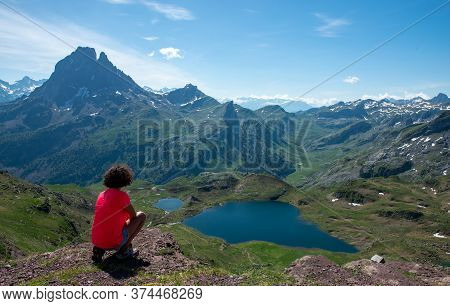 Hiking Woman Looking Pic Du Midi Ossau In The French Pyrenees Mountains