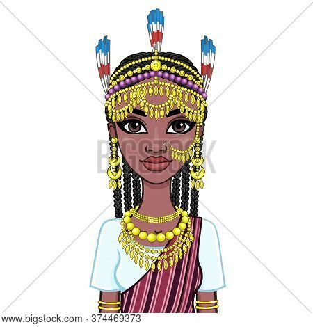 African Beauty: Animation Portrait Of The Beautiful Black Woman In A Traditional Ethnic Jewelry. Pri