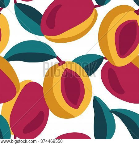 Beautiful Yellow And Red Peaches. Seamless Pattern With Juicy Fruits On A Transparent Background. Br