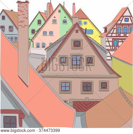 Colorful Facades Of Old Medieval Houses In Rothenburg Ob Der Tauber. Germany. Bavaria