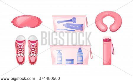 Comfortable Travel Flat Color Vector Objects Set. Neck Pillow. Sleeping Mask. Shoes, Snickers For Jo