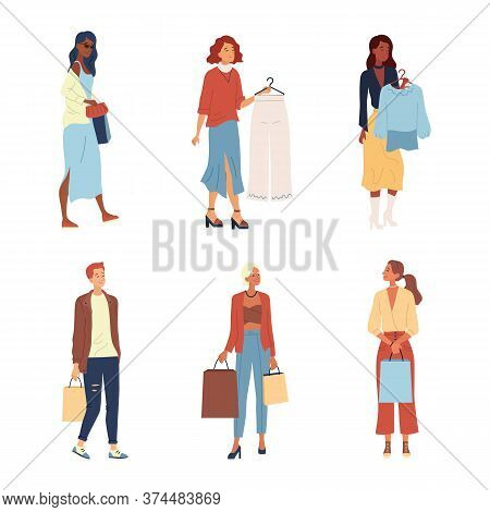 Shopping Concept. Fashion People, Buyers Or Customers With Trendy Fashion Clothes. Characters Make P