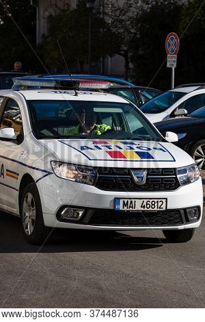 Detail Of Police Car, Close Up Isolated. Local Police Car On The Streets Of Lugoj, Romania, 2020.