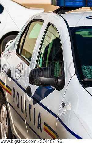 Detail Of Police Car, Close Up Isolated. Local Police Car On The Streets Of Lugoj, Romania, 2020.