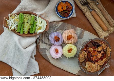 Rice Noodles With Spicy Pork Sauce Or Nam Ngiao Rice Noodle (traditional Northern Thai Cuisine). Nam