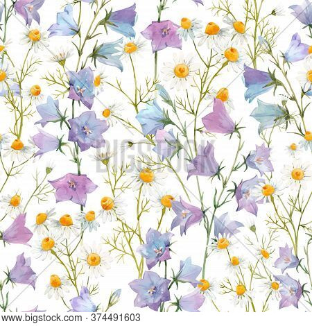 Beautiful Vector Seamless Floral Pattern With Watercolor Gentle Summer Bluebell And Chamomile Flower