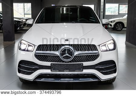 Novosibirsk/ Russia - April 28 2020: White Mercedes Benz Gle-class,  Mid-range Luxury Suv, Front Vie