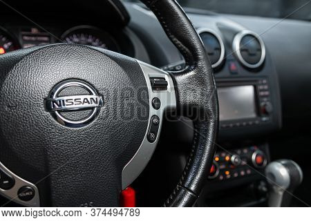 Novosibirsk/ Russia - June 23 2020: Nissan  Quashqai,car Steering Wheel With Control Buttons, Music 