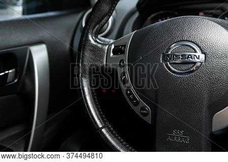 Novosibirsk/ Russia - June 23 2020: Nissan  Quashqai,car Steering Wheel With Control Buttons, Music 