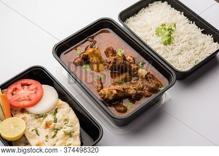 Mutton Masala Curry In Plastic Container For Home Delivery