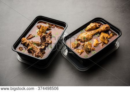 Online Food Delivery - Mutton And Chicken Curry In Plastic Container