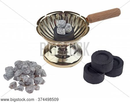 A Simple Romanian Orthodox Censer Or Incense Burner, With Incense Bits And Special Charcoal, Isolate