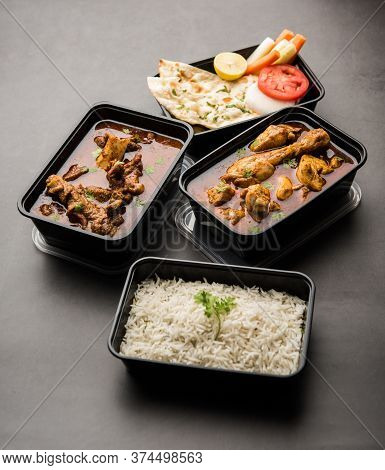 Online Food Delivery - Mutton And Chicken Curry In Plastic Container