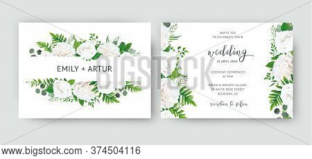 Wedding Invite, Invitation Card Floral Design With White Peony Roses, Ivory Rose Flower, Greenery Fo