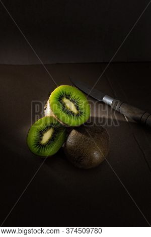 Beautiful Photography Ripe Kiwi Fruits, Drark Background