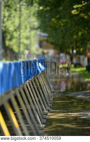 Vadul lui Voda, Criuleni, Moldova, June 2020: Metal water barriers to prevent flood caused by Dniester river spill after heavy rains set in Vadul lui Voda beach area