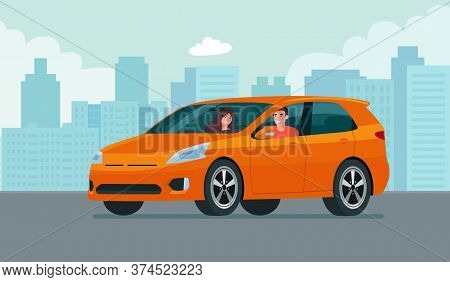 Cuv Car With A Young Man And Woman Driving On A Background Of Abstract Cityscape. Vector Flat Style 