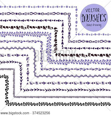 Hand Drawn Vector Pattern Brushes, Worked Inner And Outer Corner Tiles. For Use As A Framework, Stro
