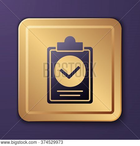 Purple Verification Of Delivery List Clipboard Icon Isolated On Purple Background. Gold Square Butto