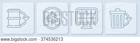 Set Line Eco Fuel Barrel, Solar Energy Panel, Recycle Symbol Inside Shield And Recycle Bin With Recy