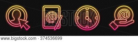 Set Line Clock, Create Account Screen, Mail And E-mail And Mail And E-mail In Hand. Glowing Neon Ico