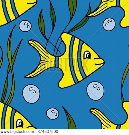 Vector Seamless Pattern Repeats, Cute Striped Yellow-blue Algae Fish In Blue Water