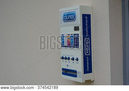 Bordeaux , Aquitaine / France - 06 20 2020 : Durex Condoms Distributor Automatic On Pharmacy Wall