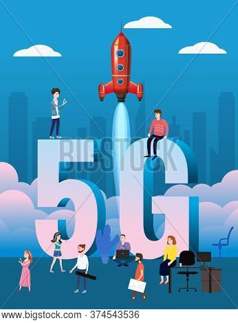5g Internet New Mobile Wireless Technology Wifi Connection. Start Rocket Tine People City Letters 5g