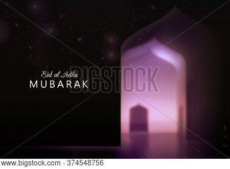 Eid Al-adha Islamic Holidays. Greeting Card. Lamps On A Blurred Background Arches. On Bokeh Arch Int