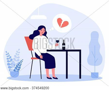Upset Woman With Broken Heart Drinking Wine. Breakup, Heartbreak, Hurt Flat Vector Illustration. Alc