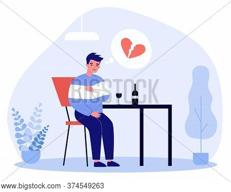 Unhappy Man With Broken Heart Drinking Wine Alone. Breakup, Heartbreak, Despair Flat Vector Illustra