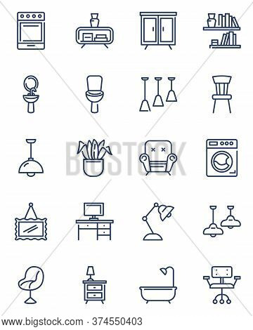 Home Furniture Icons Set. Kitchen Appliance, Armchair For Living Room, Cupboards, Bathroom, Light, W