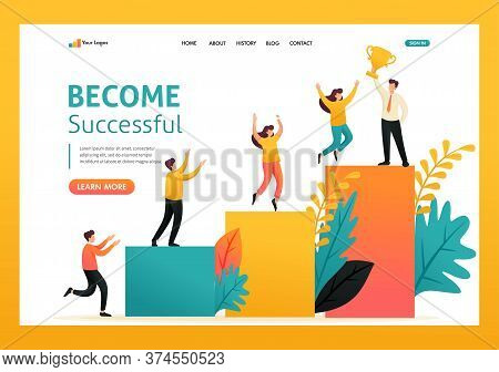 Young Businessman Has Achieved Success, Ladder Of Success, Leadership. Flat 2d Character. Landing Pa