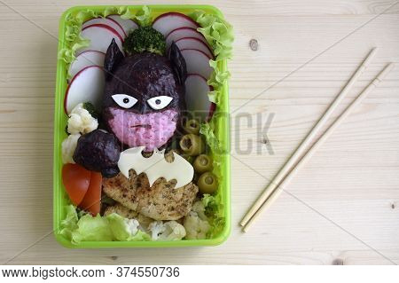The Warrior Is Made Of Rice. Kyaraben, Bento
 The Fighter Is Dressed In A Mask And Holds A  Weapon I