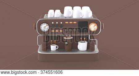 Coffee shop 3D render - coffee machine -modern concept digital illustration of a coffee maker with cups on the top, producing espresso filling in three cups. Creative landing web page header