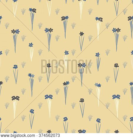 Vector Daffodils With Grass Seamless Pattern Yellow Background. Surface Pattern Design. Perfect For 