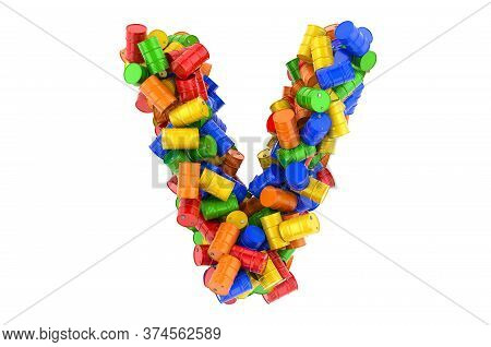Letter V From Colored Steel Barrels, 3d Rendering Isolated On White Background