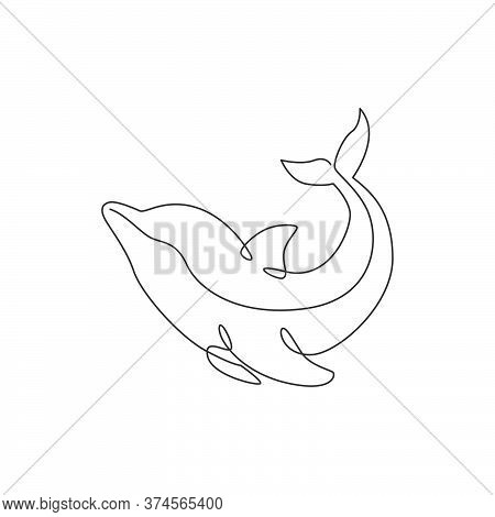 One Single Line Drawing Of Cute Beautiful Dolphin For Company Logo Identity. Funny Beauty Mammal Ani
