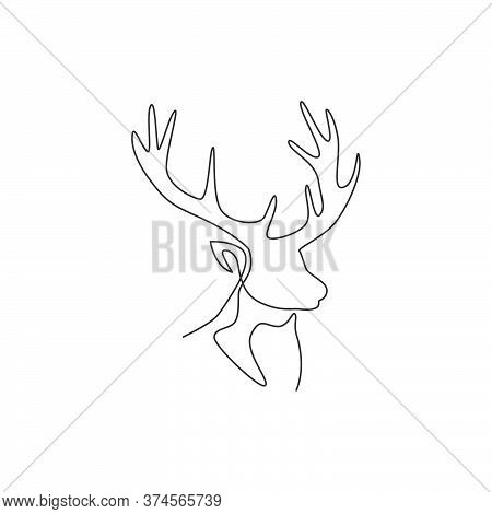 One Single Line Drawing Of Adorable Head Deer For Company Logo Identity. Cute Reindeer Mammal Animal
