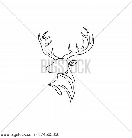 Single Continuous Line Drawing Of Elegance Head Deer For National Zoo Logo Identity. Luxury Buck Mas