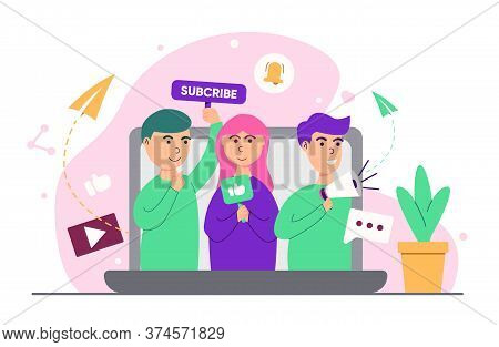 Vector Illustration Referral Marketing Program With Refer A Friend Concept.